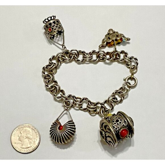 Vintage Etruscan  Revival 800 Silver Fob Charm Bracelet Gypsy 4 Charms 7.5" - Picture 7 of 7
